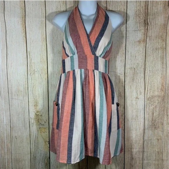 American Eagle Linen Striped Halter Dress Medium *NWT*